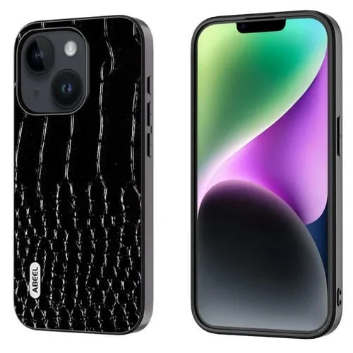 Funda para iPhone 15 Plus Abeel Cuero Genuino Patrón de Cocodrilo con Borde Negro (Negro)