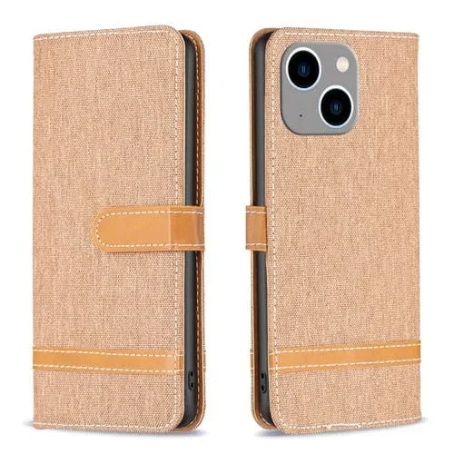 Funda para iPhone 15 Plus Color Block Denim Texture Leather Phone Case (Marrón)