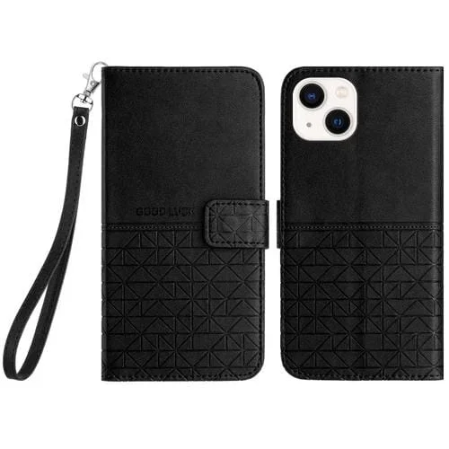 Funda para iPhone 15 Plus Cuero Textura Rómbica con Cordón (Negro)