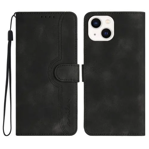 Funda para iPhone 15 Plus de Cuero con Sensación de Piel y Patrón de Corazón (Negro)