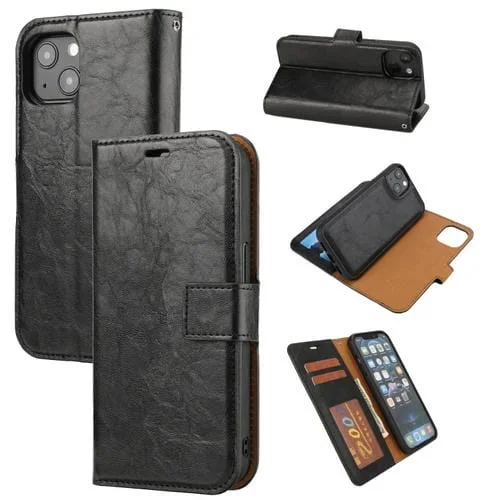 Funda para iPhone 15 Plus de PU con Tapa Horizontal Desmontable Textura Crazy Horse (Negro)