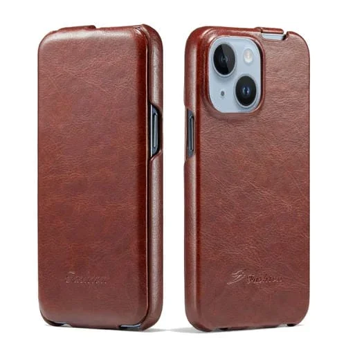 Funda para iPhone 15 Plus Fierre Shann Oil Wax Texture Pu con Tapa Vertical (Marrón)