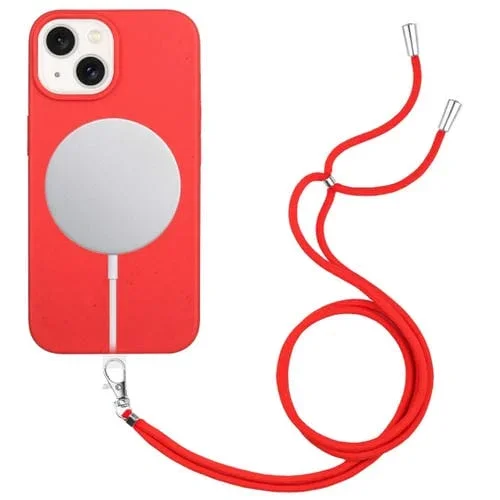 Funda para iPhone 15 Plus Material de Paja Magnético Magsafe de Trigo con Cordón (Rojo)