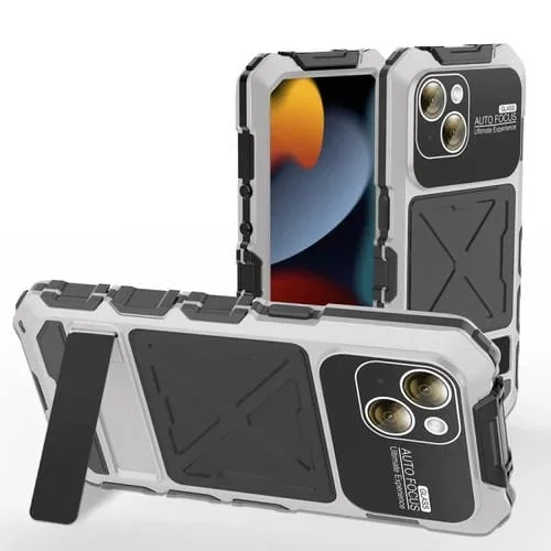 Funda para iPhone 15 Plus R-Just Metal y Silicona con Estuche Impermeable y Vidrio Templado con Soporte (Plata)