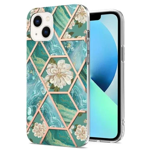 Funda para iPhone 15 Plus TPU Galvanoplastia Empalme Mármol Patrón de Flores a Prueba de Golpes (Flor Azul)