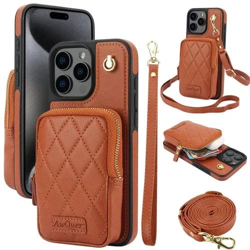 Funda para iPhone 15 Pro Awquer Crossbody Zipper Wallet Bag Cuero de Lichi (Marrón)