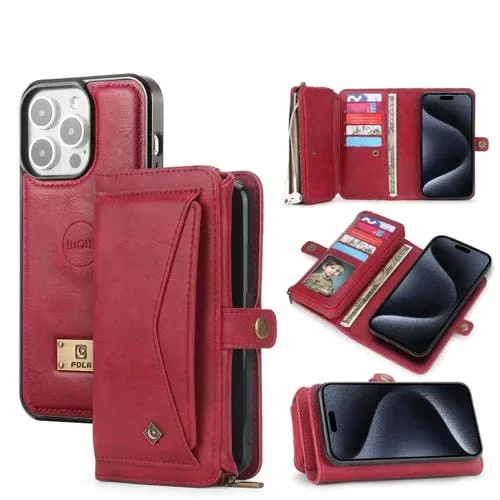 Funda para iPhone 15 Pro Cuero con Billetera y Cremallera Multifuncional (Rojo)
