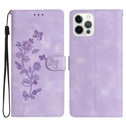 Funda para iPhone 15 Pro Cuero con Relieve Flor Mariposa (Púrpura)