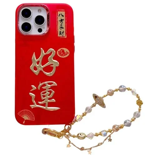 Funda para iPhone 15 Pro Estampado Dorado 3D Imd con Cadena de Cristal (Buena Suerte)