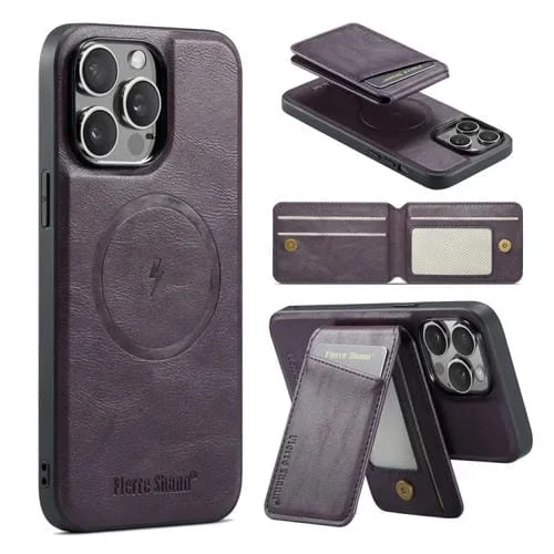 Funda para iPhone 15 Pro Fierre Shann Oil Wax con Tarjetero Magnético de Cuero de Vaca (Púrpura)