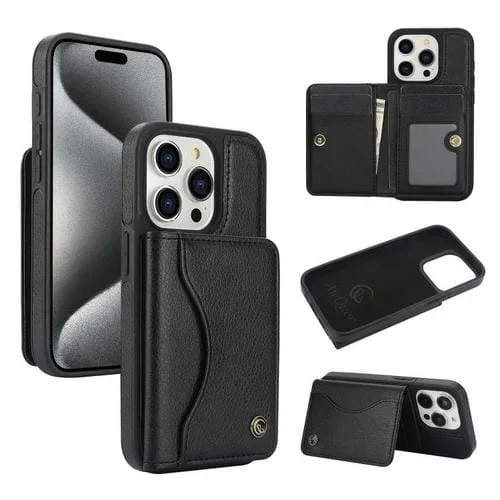 Funda para iPhone 15 Pro Max Awquer Cuero Tapa Horizontal Tarjetas Soporte (Negro)