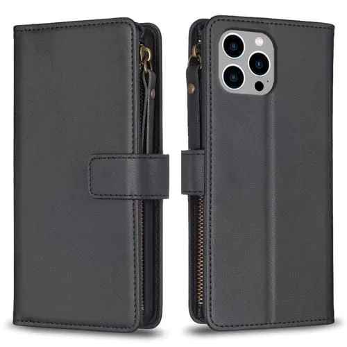 Funda para iPhone 15 Pro Max Cartera de Cuero con Tapa y 9 Ranuras para Tarjetas (Negro)