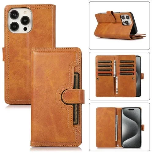 Funda para iPhone 15 Pro Max de Cuero con Ranura para Tarjeta y Pulsera (Marrón)