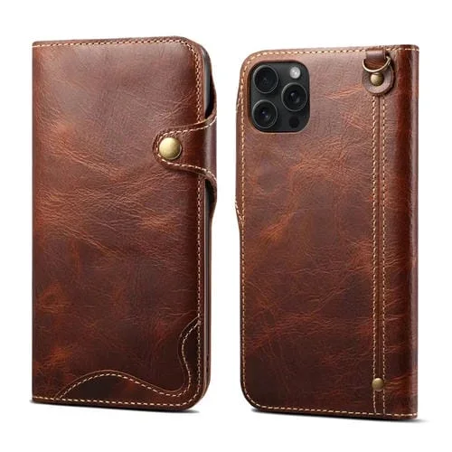 Funda para iPhone 15 Pro Max Denior Oil Wax Cuero de Vaca Botón Magnético (Marrón)