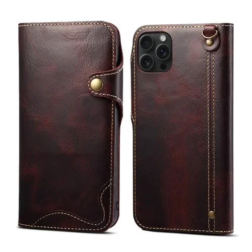 Funda para iPhone 15 Pro Max Denior Oil Wax Cuero de Vaca Botón Magnético (Rojo Oscuro)
