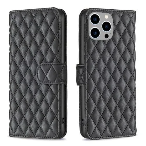 Funda para iPhone 15 Pro Max Diamond Lattice Wallet Flip de Cuero para Teléfono (Negro)