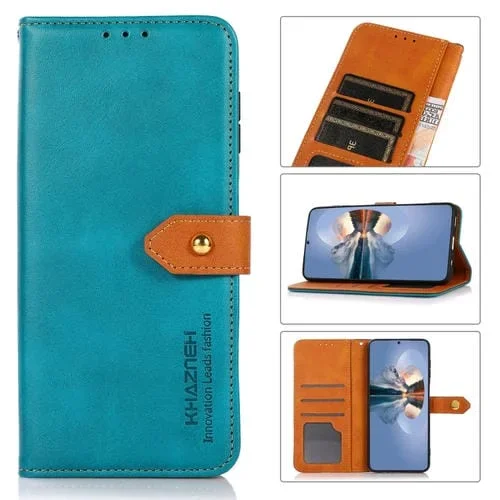 Funda para iPhone 15 Pro Max Khazneh Cuero con Tapa Textura Piel de Vaca (Azul)