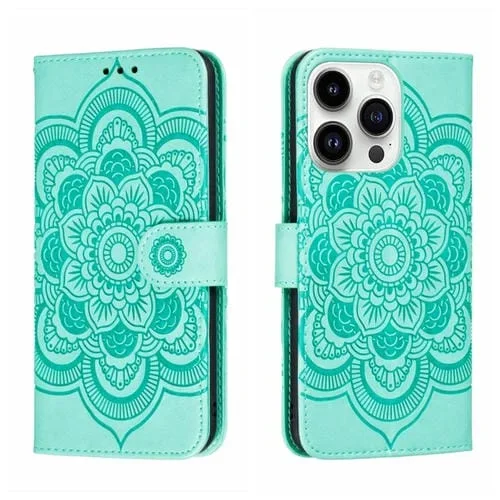 Funda para iPhone 15 Pro Sun Mandala de Cuero En Relieve (Verde)
