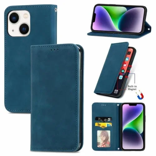 Funda para iPhone 15 Retro Skin Feel Magnetic Flip Leather Phone Case (Azul)