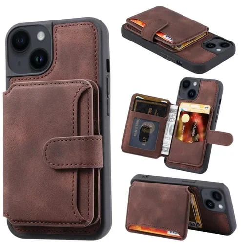 Funda para iPhone 15 Skin Feel Dream RFID Antirrobo PU Card Bag (Café)