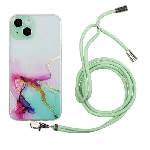 Funda para iPhone 15 TPU Patrón Mármol Hueco a Prueba de Golpes con Cuerda (Verde)