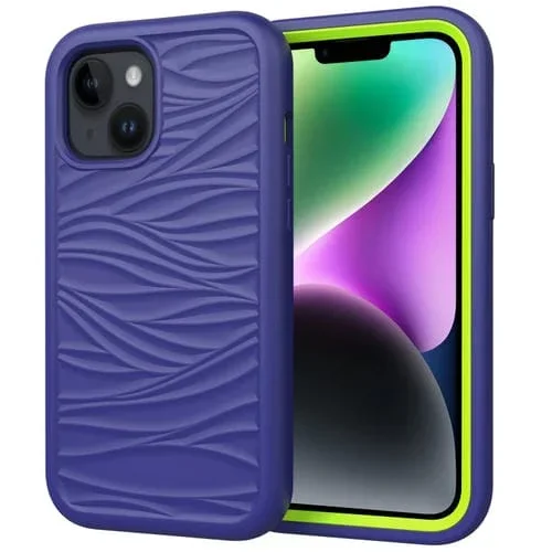 Funda para iPhone 15 Wave Pattern 3 en 1 Silicona y PC (Azul Marino y Olivino)