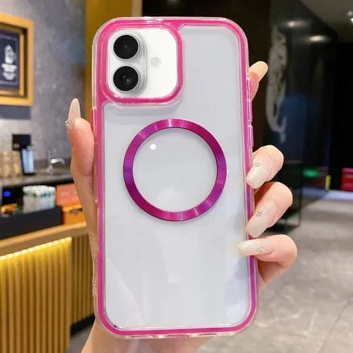 Funda para iPhone 16 3 en 1 con Textura de Cd y Airbag Magsafe (Rosa y Rojo)