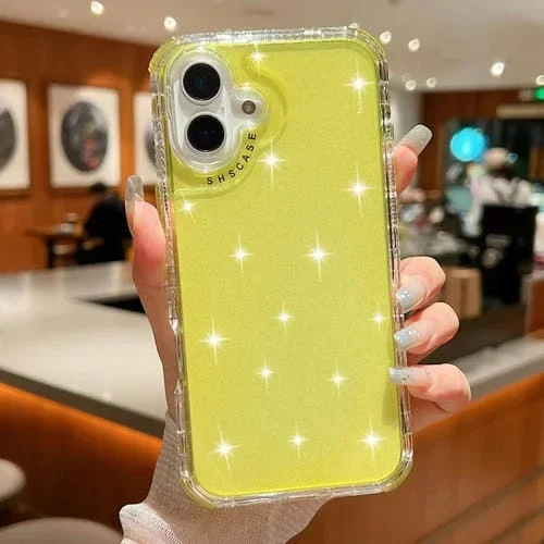 Funda para iPhone 16 3 en 1 TPU + PC con Purpurina en Polvo (Amarilla)