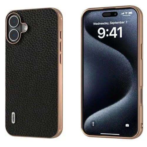 Funda para iPhone 16 Abeel con Marco Galvanizado y Textura de Lichi de Cuero Genuino (Negro)