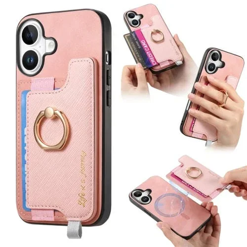 Funda para iPhone 16 con Tarjetero y Anillo de Cuero Diseño Retro Magsafe (Rosa)