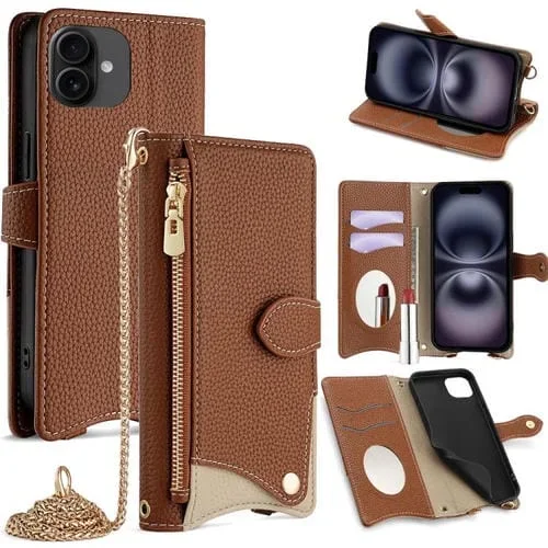 Funda para iPhone 16 de Piel de Lichi con Cadena Cruzada y Diseño de Cola de Pez (Marrón)