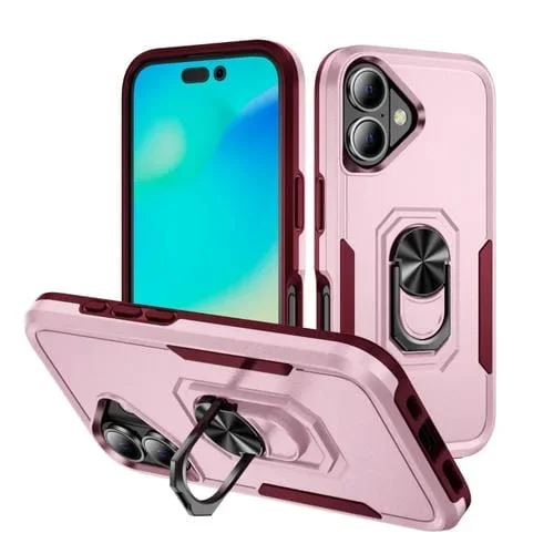 Funda para iPhone 16 Pioneer Armor Policarbonato Resistente y TPU con Soporte (Rosa y Rojo Rosa)