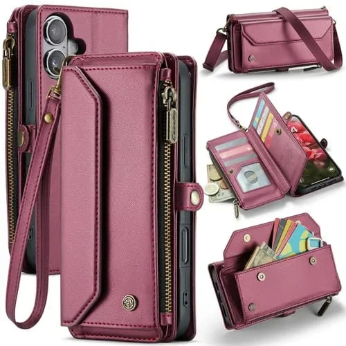 Funda para iPhone 16 Plus Caseme C36 con Ranuras para Tarjetas y Cremallera Rfid (Rojo)