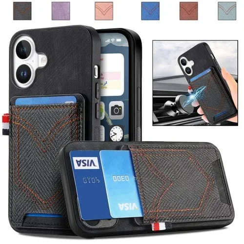 Funda para iPhone 16 Plus de Piel con Textura Vaquera y Ranura para Tarjetas (Negro)