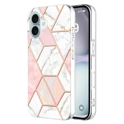 Funda para iPhone 16 Plus Diseño Flores Mármol Empalme Galvanizado Doble Cara Imd TPU (Rosa y Blanco)