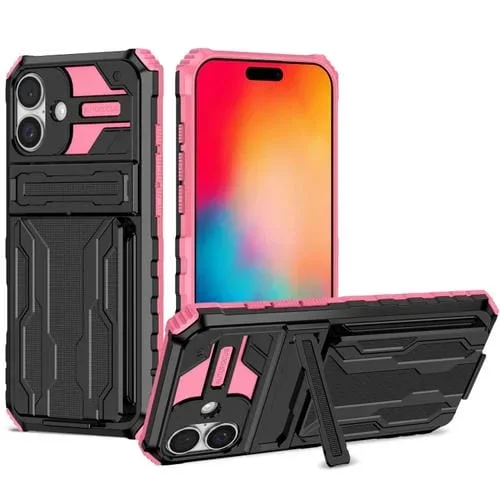 Funda para iPhone 16 Plus Soporte para Tarjetas Protección Contra Caídas (Rosa)