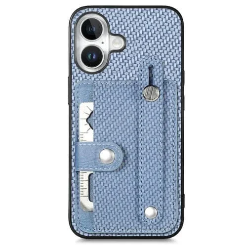 Funda para iPhone 16 Plus Soporte Tarjetas Billetera Correa Muñeca Cuchillo (Azul)