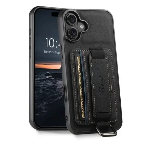 Funda para iPhone 16 Plus Suteni H13 con Correa de Muñeca de Cuero de Lichi (Negra)