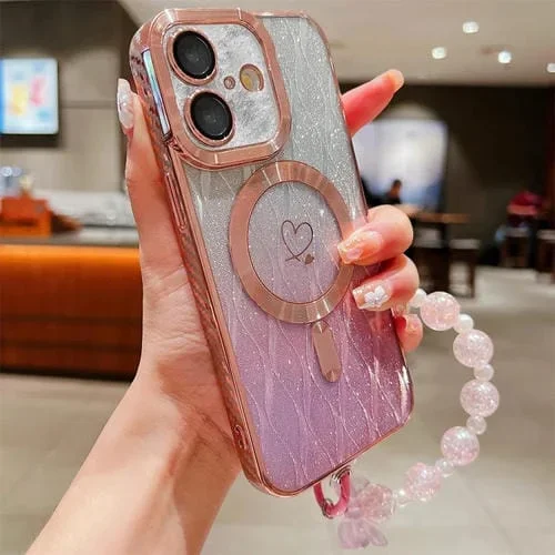 Funda para iPhone 16 Plus TPU con Purpurina Degradada y Hojas de Amor Fibra de Carbono (Rosa)