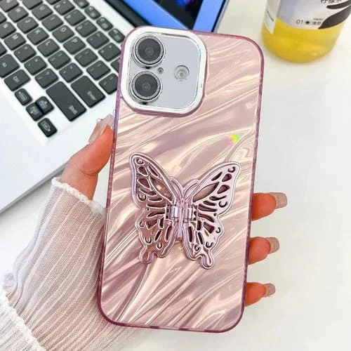 Funda para iPhone 16 Plus TPU con Textura Brillante Soporte Mariposa Película Lente (Ondas de Agua Rosadas)