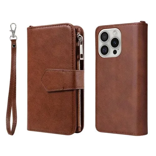 Funda para iPhone 16 Pro 2 en 1 con Cremallera a Prueba de Golpes (Marrón)