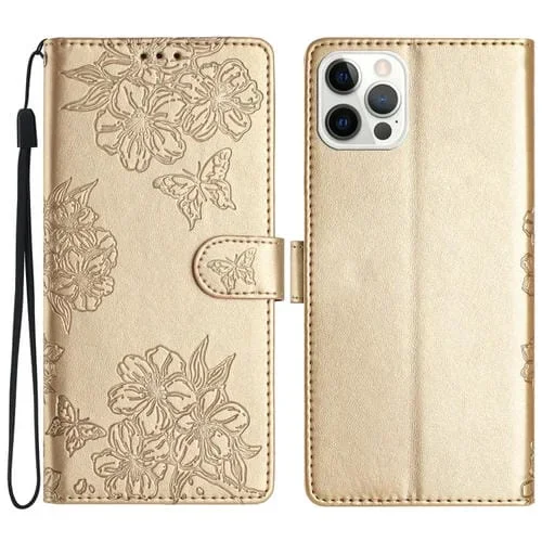 Funda para iPhone 16 Pro Cherry Blossom Butterfly Skin Feel de PU en Relieve (Dorado)