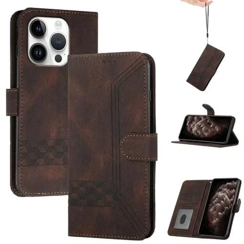 Funda para iPhone 16 Pro Cubic Skin Feel de Cuero con Tapa (Marrón)