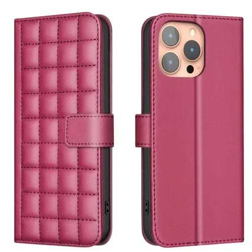 Funda para iPhone 16 Pro Cuero Textura Cuadrada (Rojo)