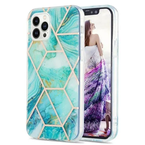 Funda para iPhone 16 Pro Diseño Flores Mármol Empalme Galvanizado Doble Cara Imd TPU Azul
