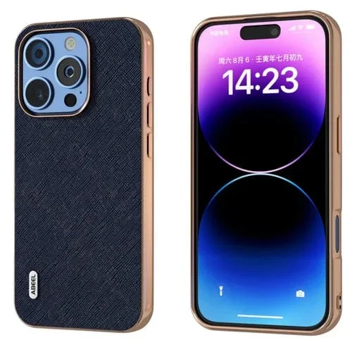 Funda para iPhone 16 Pro Max Abeel Cuero Genuino Textura Cruzada Marco Galvanizado (Azul)