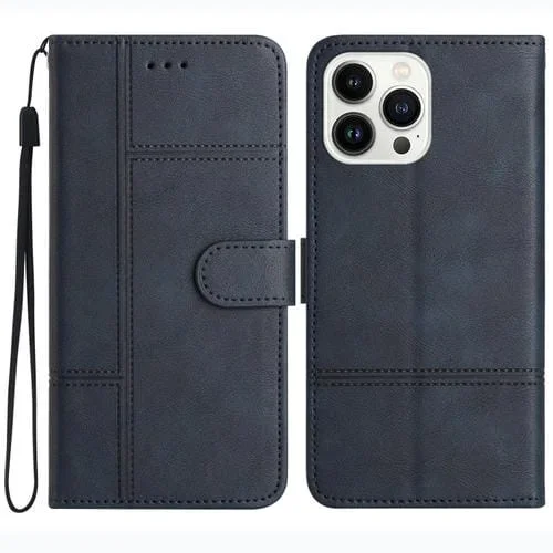 Funda para iPhone 16 Pro Max Cuero Textura Piel de Vaca Costuras (Azul Oscuro)