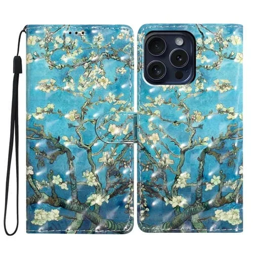 Funda para iPhone 16 Pro Max de Cuero con Patrón 3D Flor de Albaricoque (Azul)