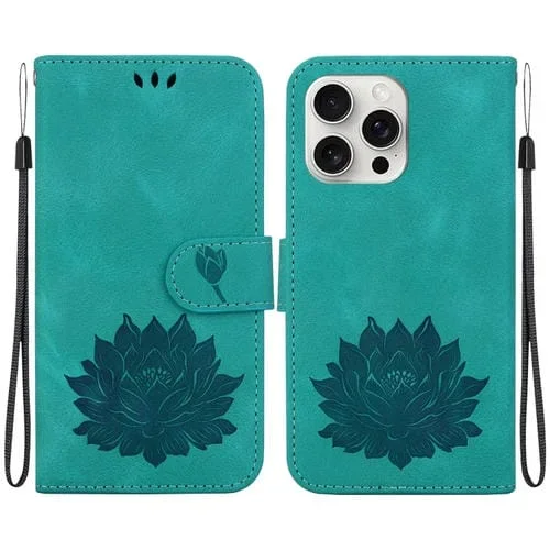 Funda para iPhone 16 Pro Max de Cuero con Relieve de Loto (Verde)