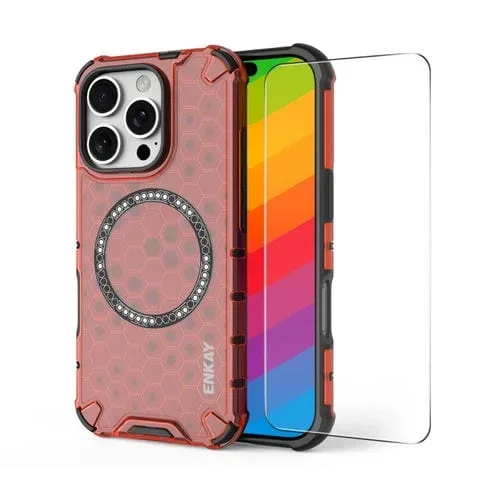 Funda para iPhone 16 Pro Max Enkay Hat-Prince Honeycomb Magsafe a Prueba de Golpes con Película de Borde de Arco Grande (Rojo)